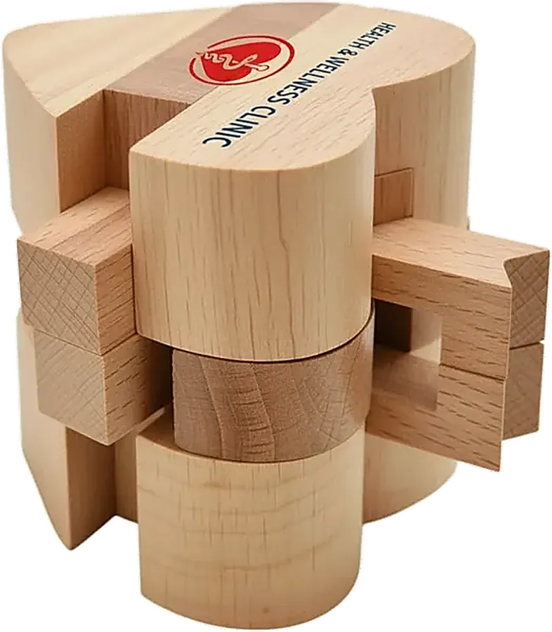 Branded wooden 3D interlocking puzzle with cylindrical and block components