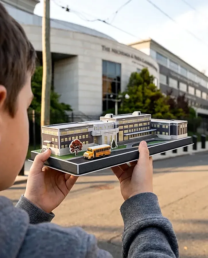 Custom 3D puzzle bulk order of a school
campus architectural model with school bus and landscaping