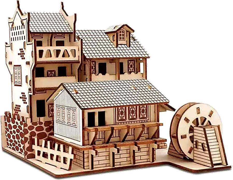 Laser-cut wooden 3D puzzle house model assembly
