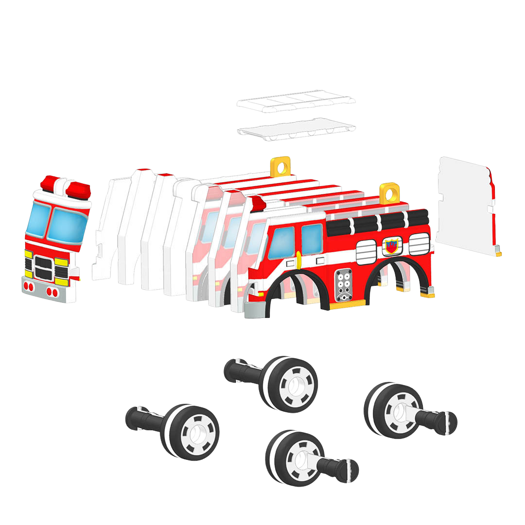 Assembled layered fire engine sticker 3D puzzle model before assembly 