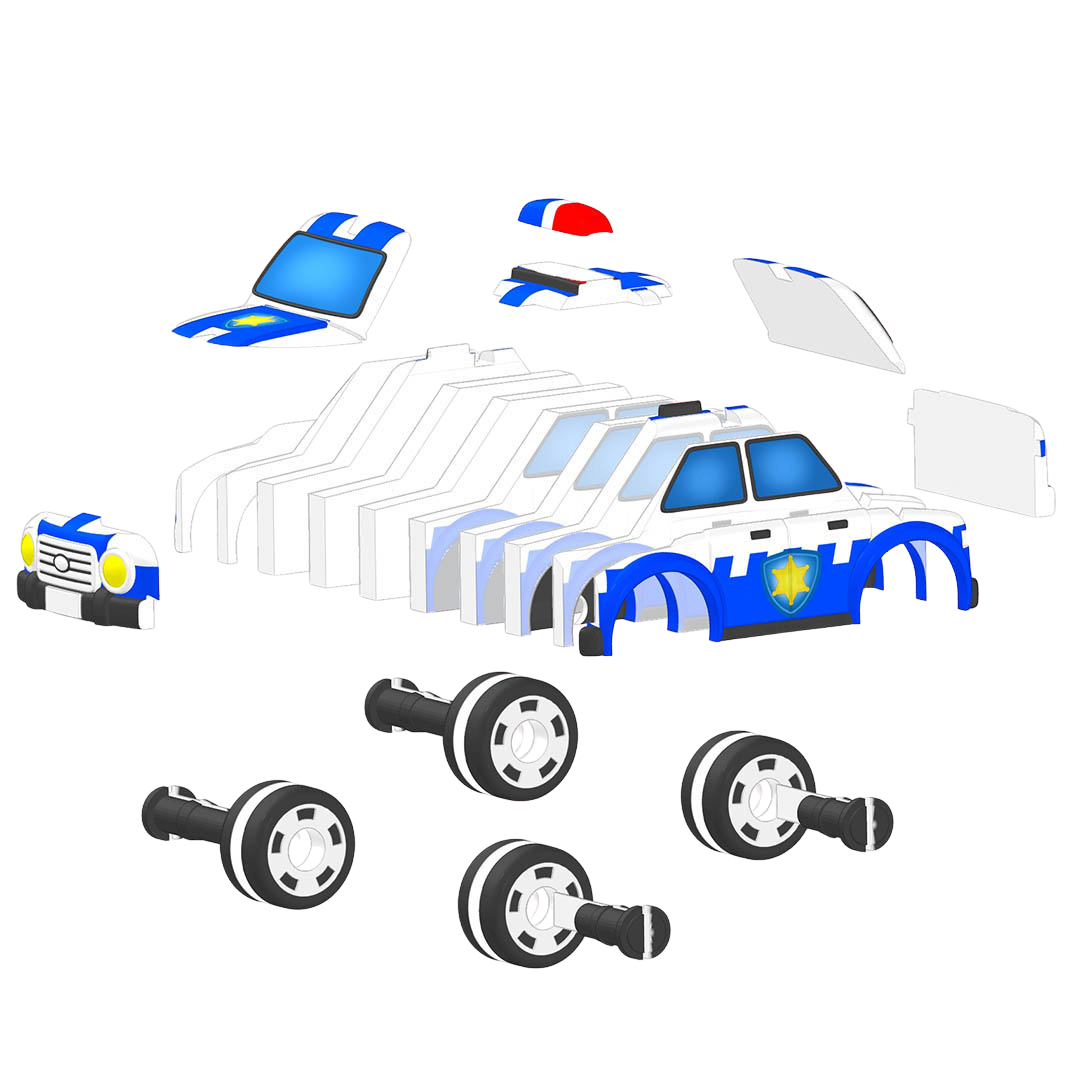 Assembled layered police car sticker 3D puzzle model before assembly 