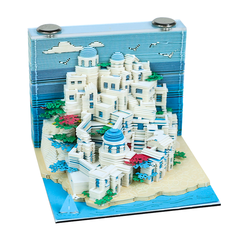 Santorini island custom memo pad sculpture with detailed white buildings and coastal backdrop