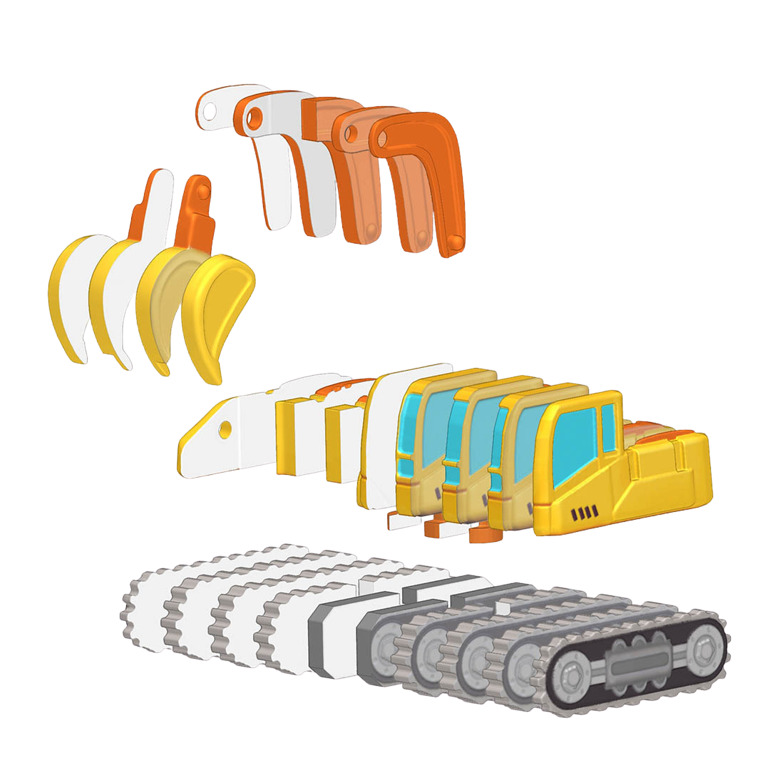 Assembled layered excavator sticker 3D puzzle model before assembly 
