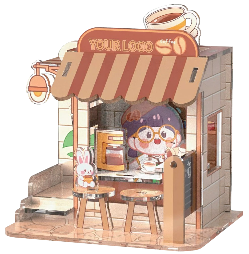 Custom acrylic logo model of a branded coffee shop miniature with personalized signage and detailed storefront