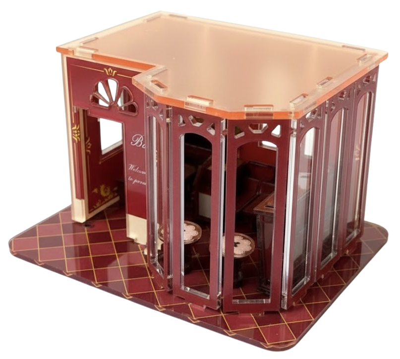 Custom 3D assembly puzzle corporate branded acrylic shop interior with detailed Victorian architecture