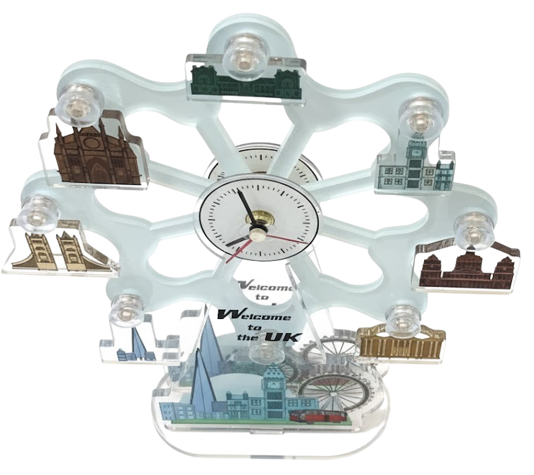 Custom acrylic logo model of a branded London landmarks Ferris wheel with clock and cityscape detail
