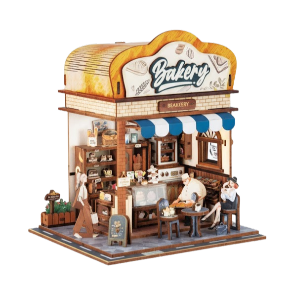 Custom retail store miniature model promotional bakery diorama with detailed storefront and miniature figures