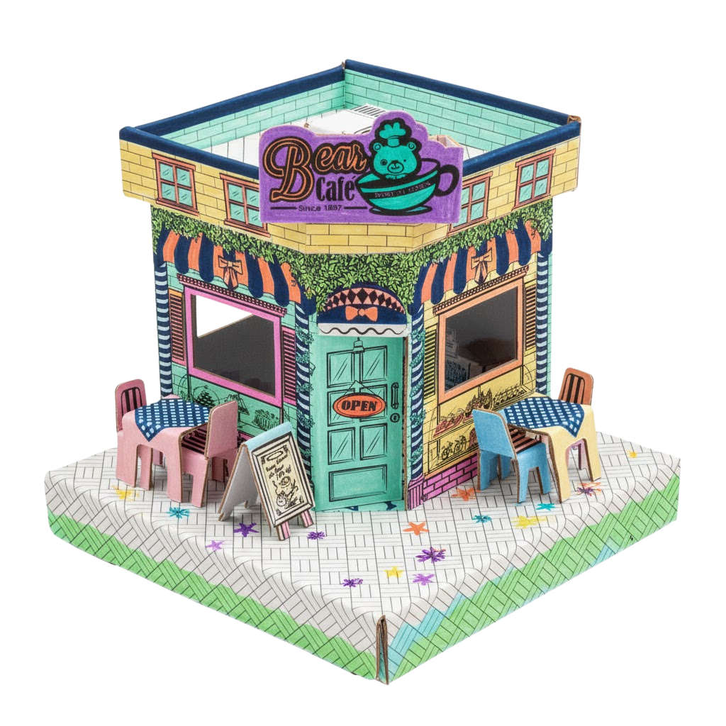 Custom diorama 3D puzzle branded cafe storefront with detailed exterior seating and colorful signage