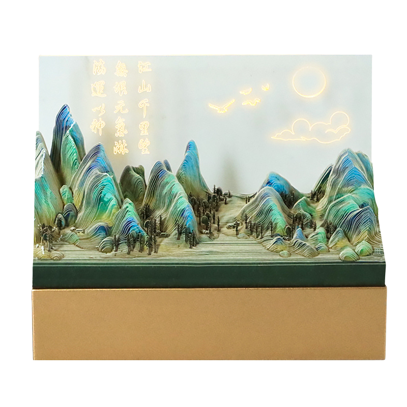 Custom interior 3D puzzle model of an illuminated Chinese landscape scene with mountain diorama and acrylic backdrop