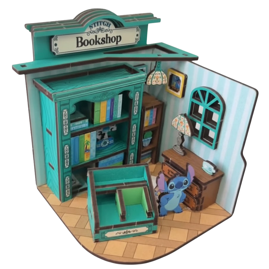 Laser cut wood 3D puzzle custom bookshop interior diorama with detailed shelving and reading corner
