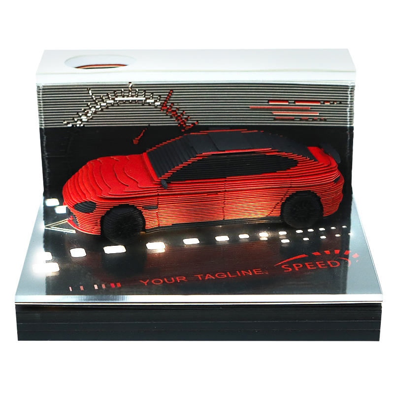 Branded plastic miniature model of a sports car custom memo pad in illuminated acrylic display case