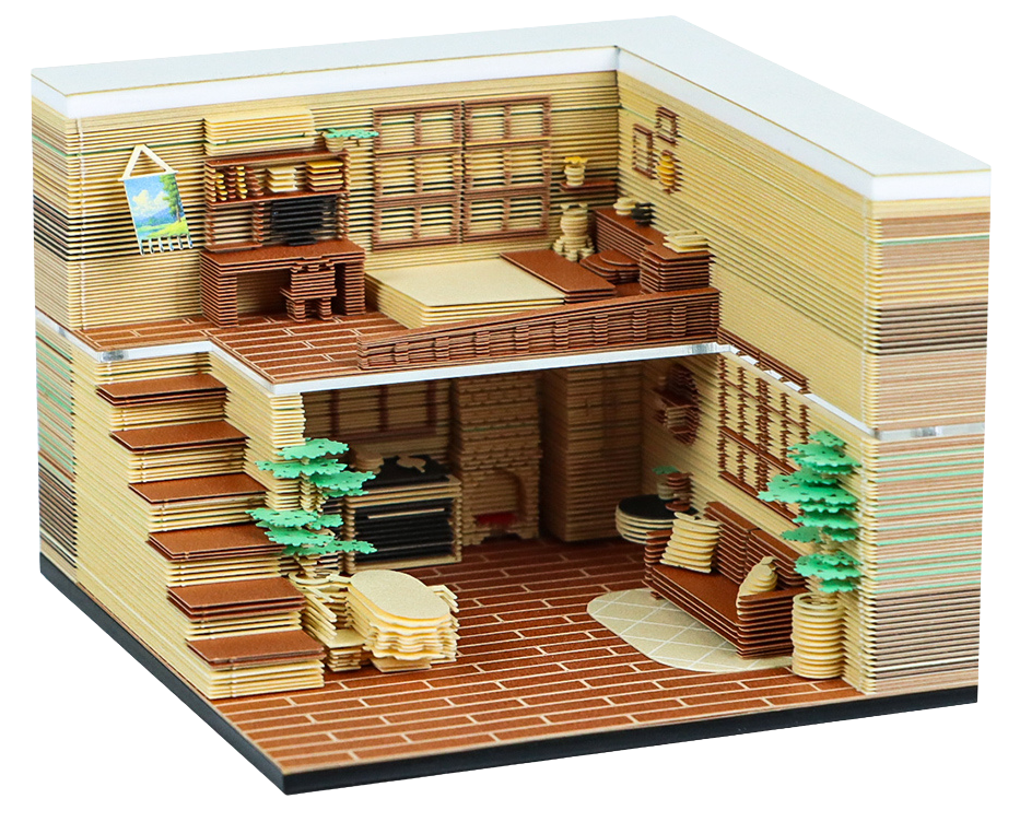 Branded product replica 3D puzzle of a two-story interior memo pad with detailed living room and staircase