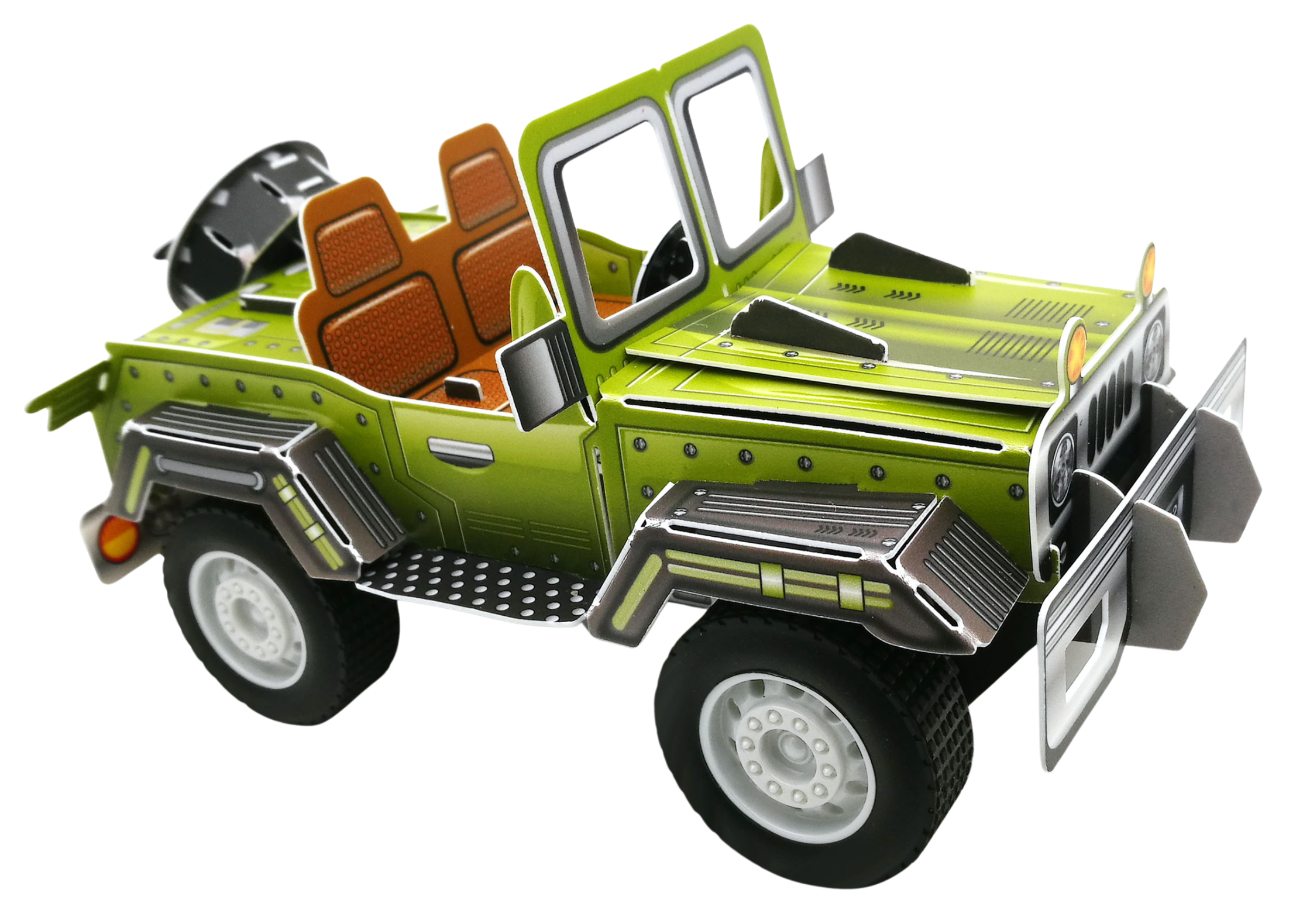 Custom plastic 3D puzzle off-road jeep with detailed interior and winding mechanism