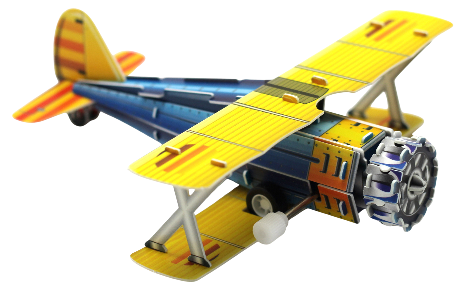 Custom plastic 3D puzzle biplane with detailed wings and winding motor mechanism