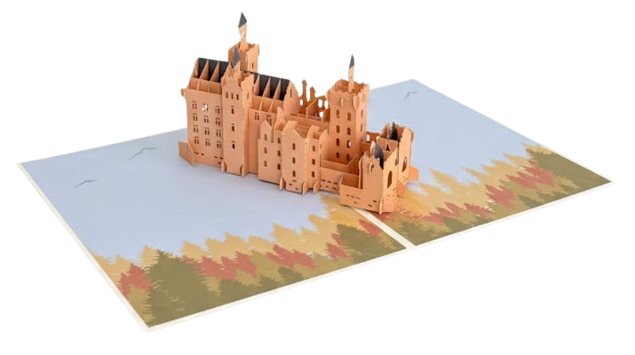3D pop up greeting card bulk order of a castle with detailed turrets and autumn landscape