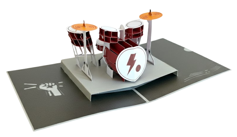 3D pop up greeting card bulk order of a drum kit with detailed cymbals and rock music theme
