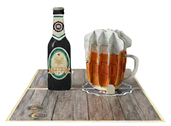 3D pop up greeting card bulk order of a beer bottle and mug with detailed wooden bar scene