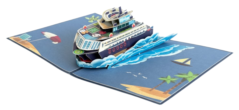 3D pop up greeting card bulk order of a cruise ship with detailed ocean waves and island scene
