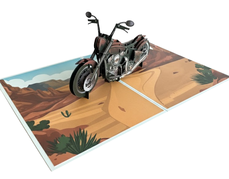 3D pop up greeting card bulk order of a motorcycle with detailed desert highway scene