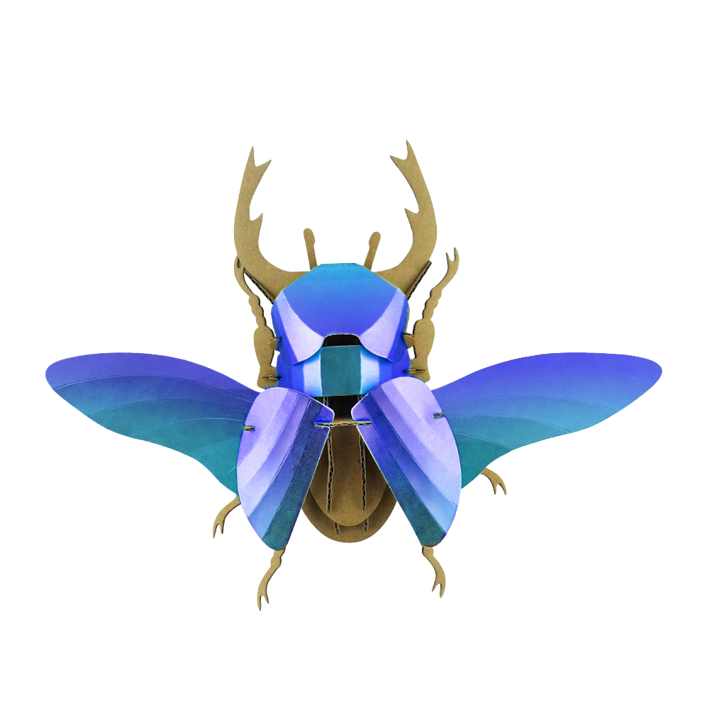 Custom cardboard 3D puzzle of a blue stag beetle with geometric faceted design and spread wings