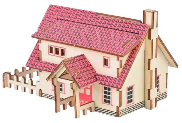 Custom wooden 3D puzzle of a residential house with pink roof and detailed fence and garden