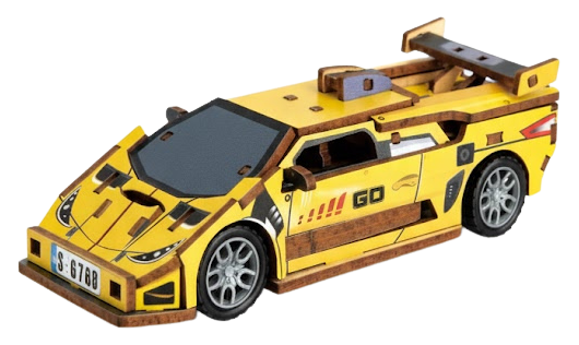 Wood 3D puzzle corporate gift of a branded yellow racing car scale model with detailed exterior