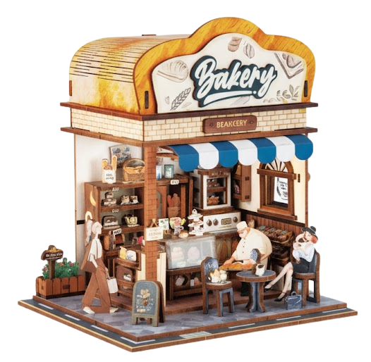 Custom retail store miniature model promotional bakery diorama with detailed storefront and miniature figures