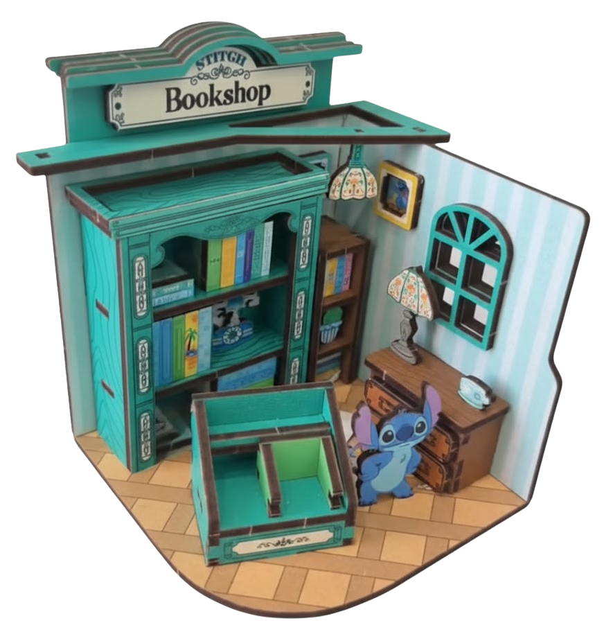 Laser cut wood 3D puzzle custom bookshop interior diorama with detailed shelving and reading corner