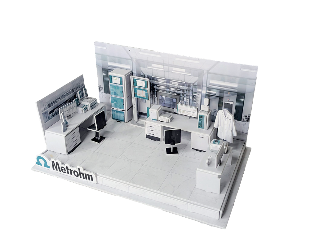 "Custom 3D puzzle client sample stage showing finished Metrohm lab diorama ready for review