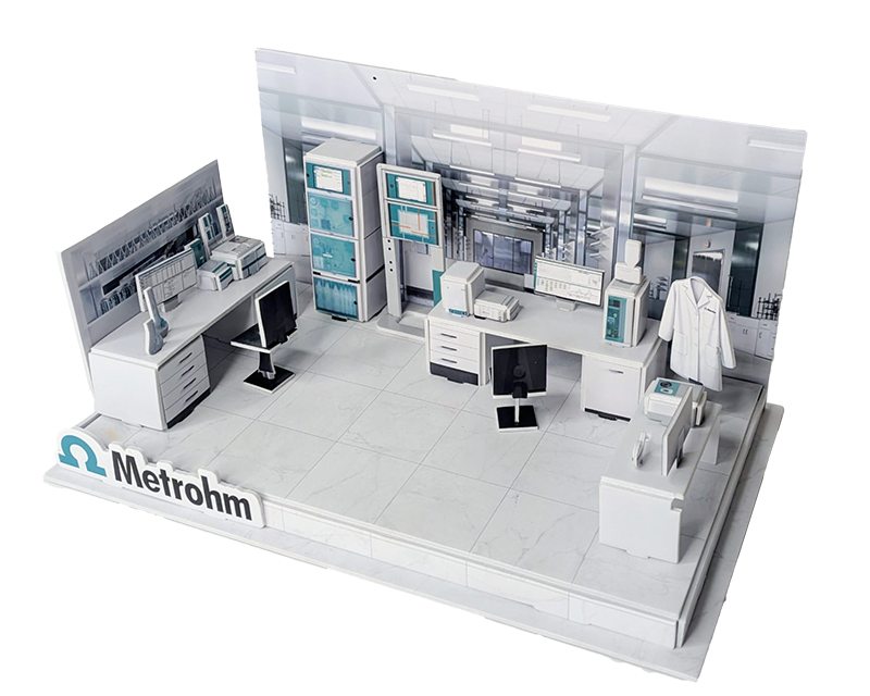Custom 3D puzzle client sample stage showing finished Metrohm lab diorama ready for review