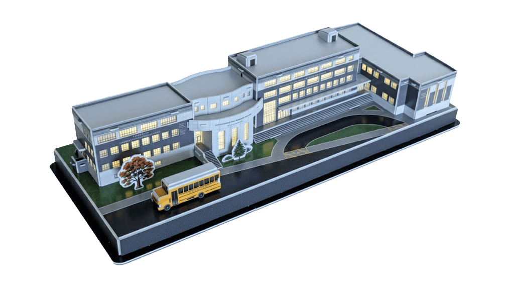 Custom 3D puzzle bulk order of a NY school campus architectural scale model with school bus and landscaping