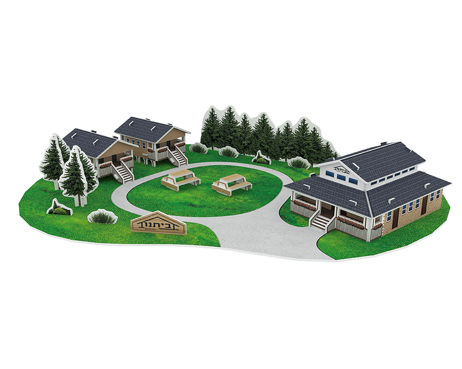 Custom building miniature model bulk order of a summer camp retreat with cabins and circular pathway