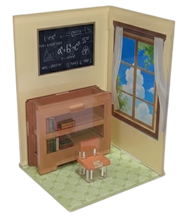 Custom interior 3D puzzle model of an acrylic classroom scene with chalkboard and miniature furniture