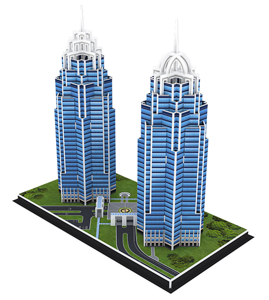 Twin skyscraper architectural scale model 3D puzzle corporate giveaway with detailed facade and landscaping