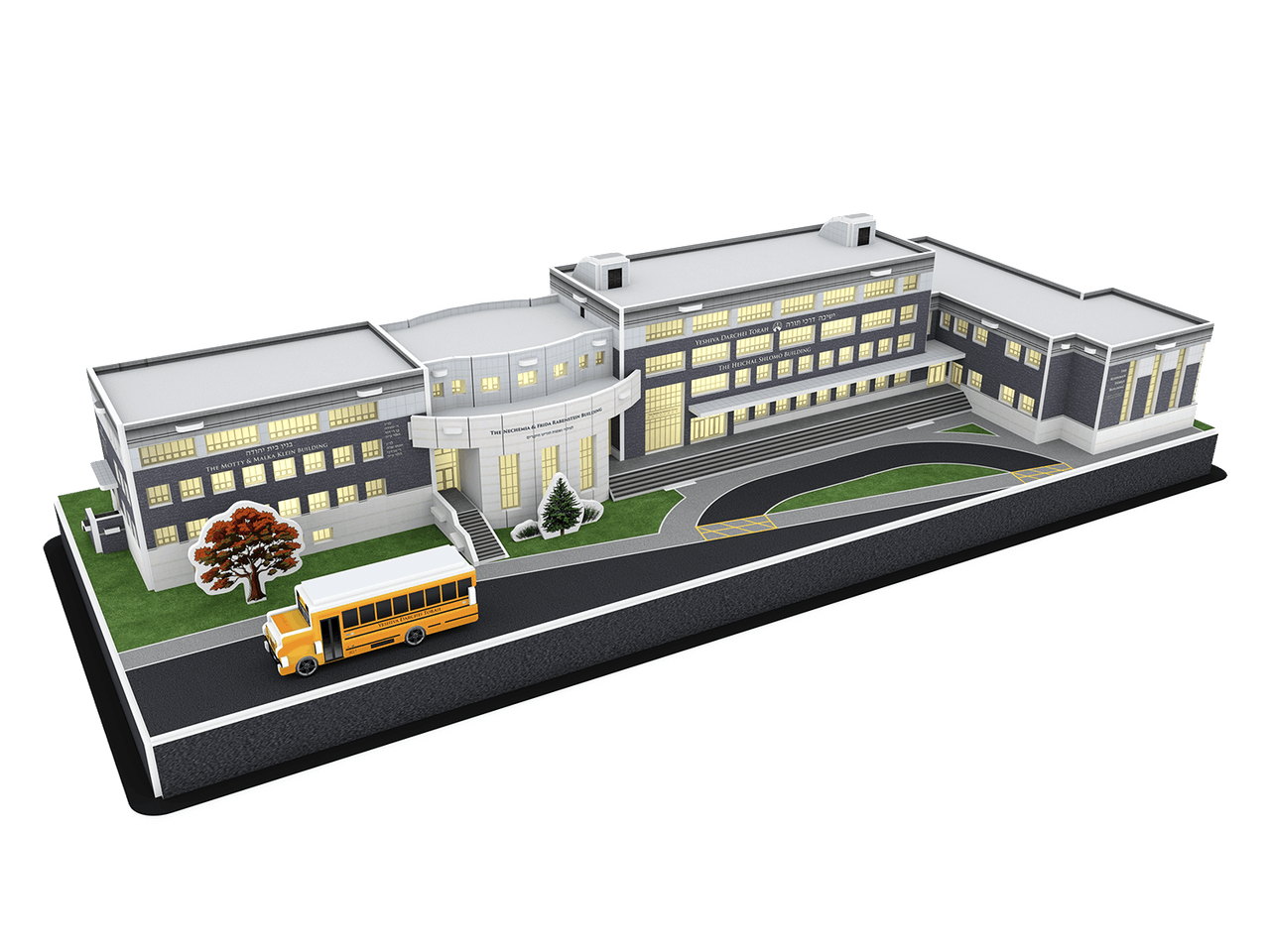 Custom 3D puzzle bulk order of a school, campus architectural model with school bus and landscaping