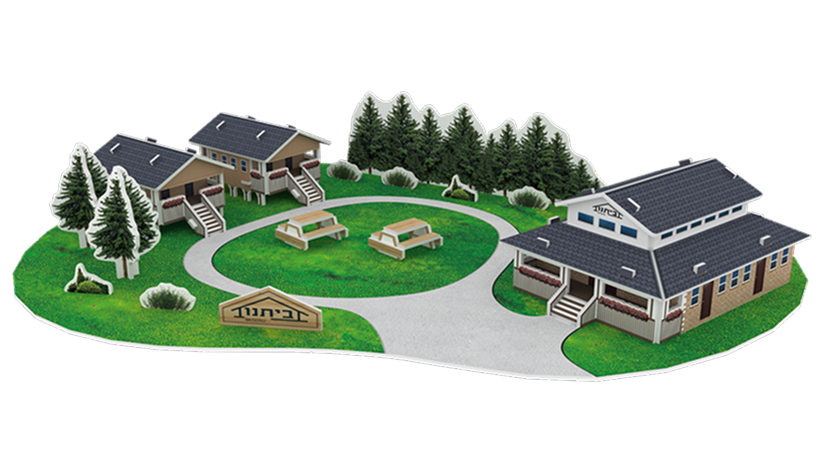 Custom building miniature model bulk order of a summer camp retreat with cabins, trees and circular pathway