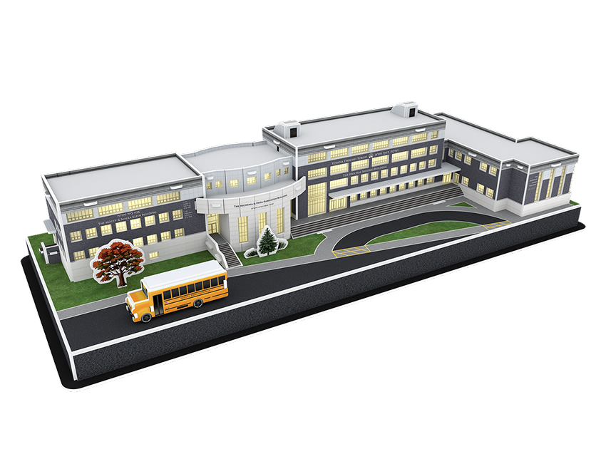 Custom 3D puzzle bulk order of a school campus architectural scale model with school bus and landscaping