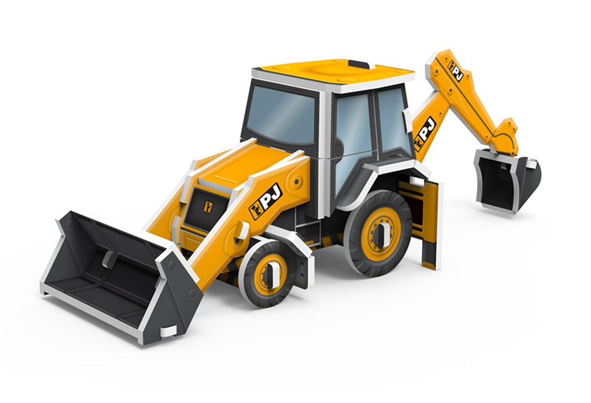 JCB branded custom promotional product trade show, 3D puzzle scale model of a backhoe loader with detailed construction livery